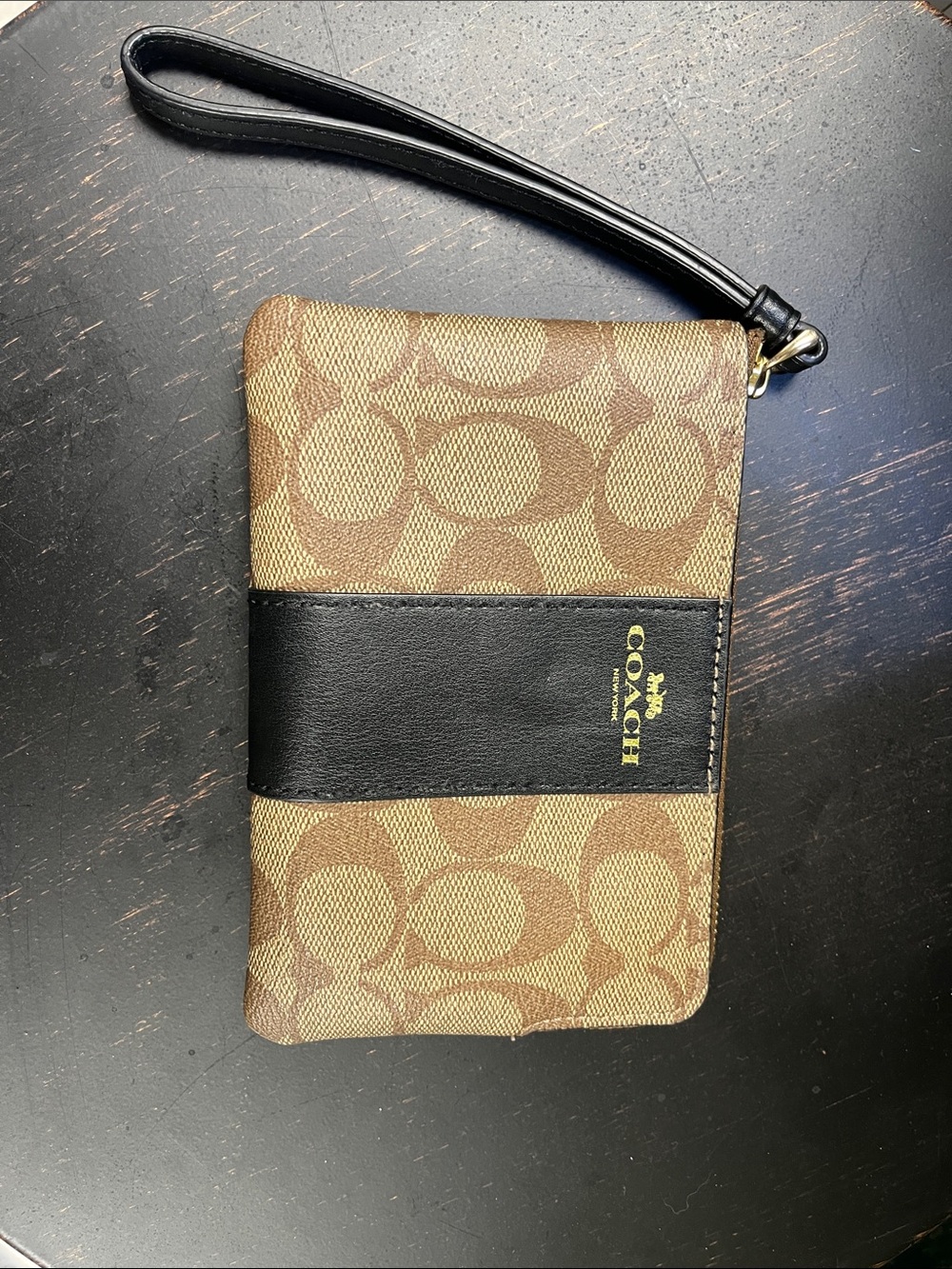 Coach Brown Signature Canvas Wristlet with Black Leather Band